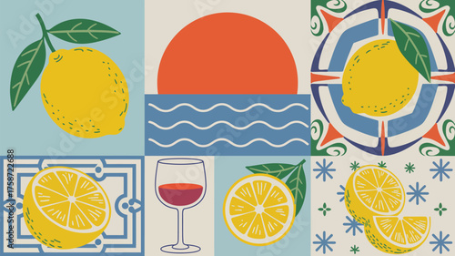 A vibrant vector illustration set of colorful Easter eggs and fresh citrus fruits like lemon, lime, and orange slices