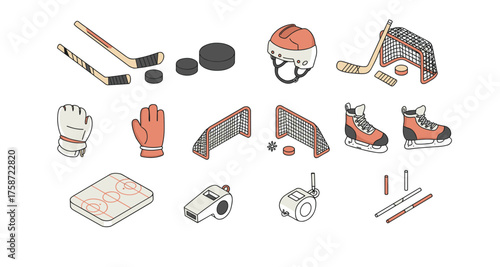 Isometric hockey equipment set with sticks, helmets, and rink elements