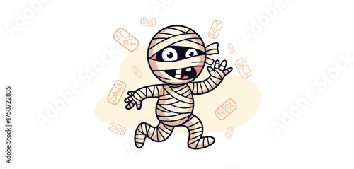 Cute cartoon mummy character with bandages waving hello