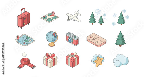 Travel and holiday icons: isometric winter theme with maps and gifts