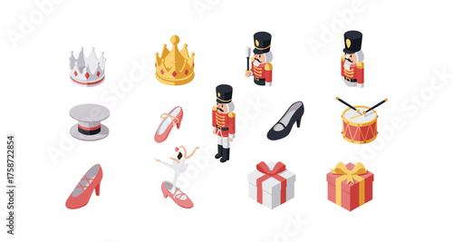 Isometric nutcracker ballet elements with crowns, dancer, and gifts for holiday themes