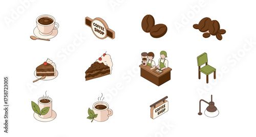 Isometric coffee shop icons with baristas, cakes, and decorative elements
