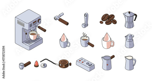 Isometric coffee making set: espresso machine, cups, beans, and tools