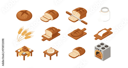 Isometric bread and baking elements with rustic table and oven