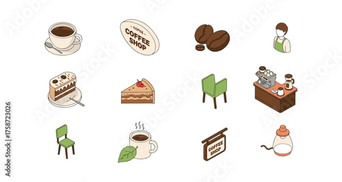 Coffee shop essentials collection: icon set featuring desserts, cups, and barista tools