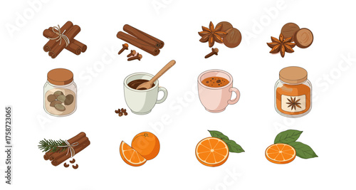 Cozy winter spice and citrus collection with warm beverages and aromatic ingredients