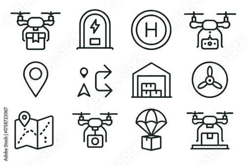 Route delivery arrows camera remote drone pad charging icon navigation vector