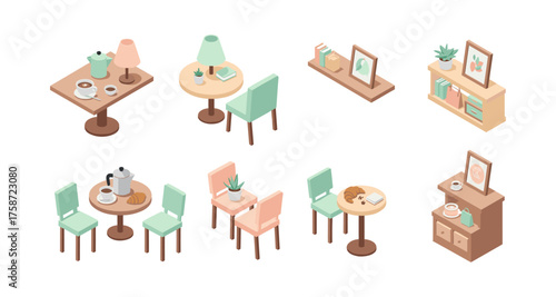 Cozy isometric cafe furniture set with tables, chairs, and decor elements