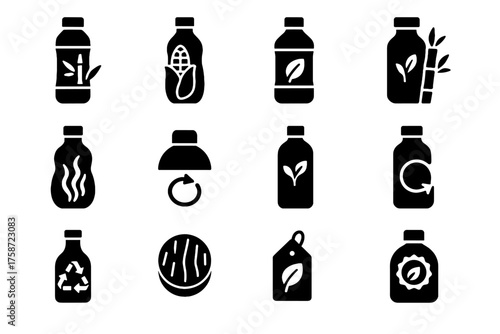 Biodegradable friendly bottle refillable cellulose vector icon seal cornstarch sugarcane cap eco