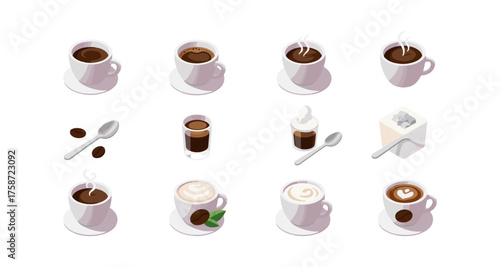 Isometric coffee assortment with cups, beans, and sugar cubes