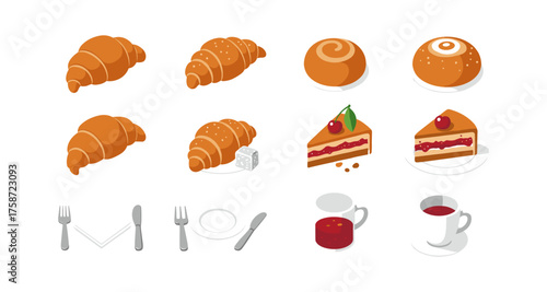 Isometric breakfast pastries and coffee set with cake and tableware illustration