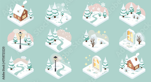 Cozy winter wonderland with snow-covered trees and charming houses on a cold day