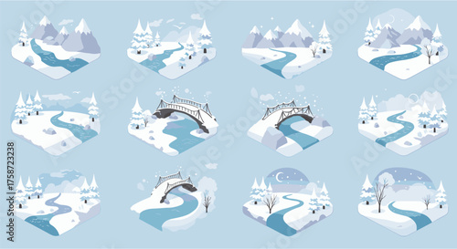Winter isometric landscape collection with snowy rivers and bridges