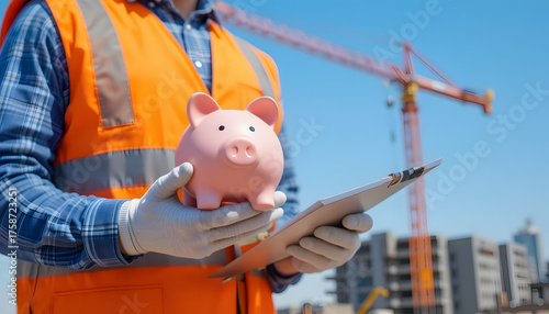 A construction worker wearing an orange safety vest and white gloves holds a piggy bank in one hand while clutching a clipboard in the other.