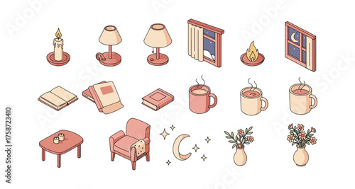 Cozy home isometric design with books, coffee, and warm lighting elements