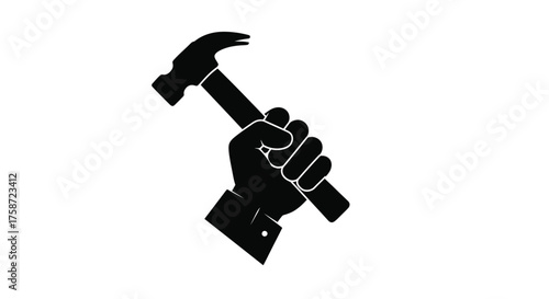 A simple black silhouette of a hand firmly gripping a hammer tool