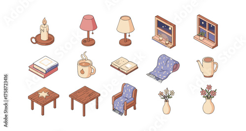 Cozy home elements in isometric style featuring books, lamps, tables, and relaxing decor