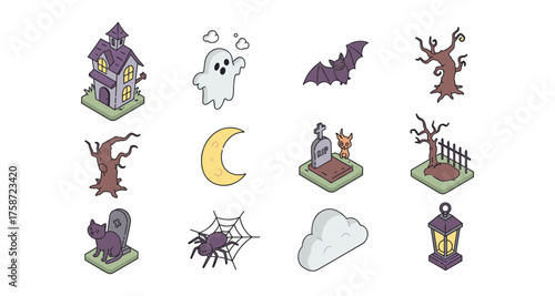 Spooky isometric halloween elements with haunted house and ghostly characters