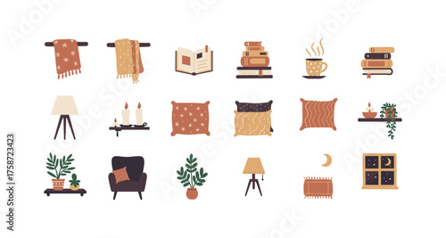 Cozy home decor elements for autumn: books, cushions, and warm textiles