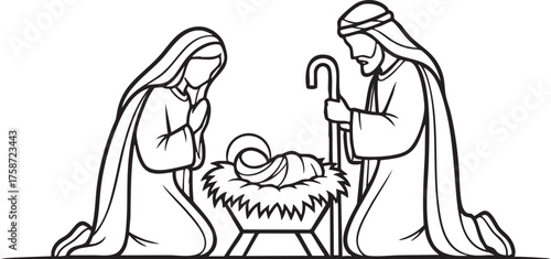 Simple Nativity Scene Line Art Kneeling Parents