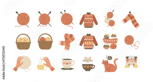 Cozy knitting elements with cat and hot drink in flat autumn design