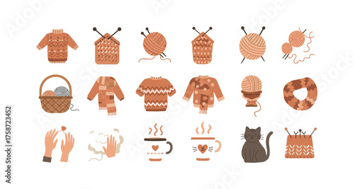Cozy knitting icons with sweaters, yarn, and cute cat in warm tones