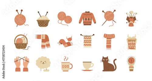 Cozy knitting elements and patterns featuring cats, sweaters, and warm beverages in flat design
