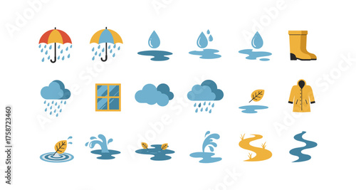 Colorful rainy day icons with umbrella, clouds, and autumn leaves