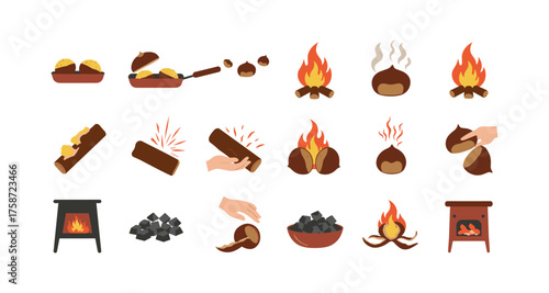Flat style roasting chestnuts icons set with fire and cooking elements