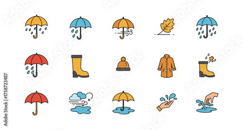 Weather icons: autumn and rainy season essentials in flat design