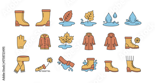 Autumn clothing and accessories for rainy weather in linear style