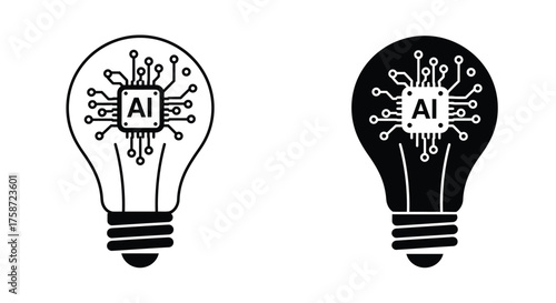 Artificial intelligence lightbulb concepts displayed in contrasting black and white designs