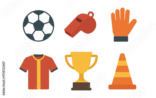 Flat style sports icons featuring soccer ball, whistle, glove, jersey, trophy, and cone