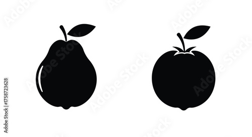 Simple black and white illustration depicting a pear and an apple fruit