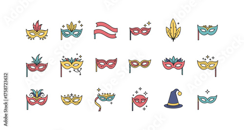 Colorful carnival mask collection with flags and hat in linear style