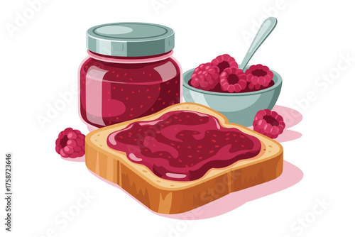 Delicious raspberry jam spread on toast with fresh berries and spoon