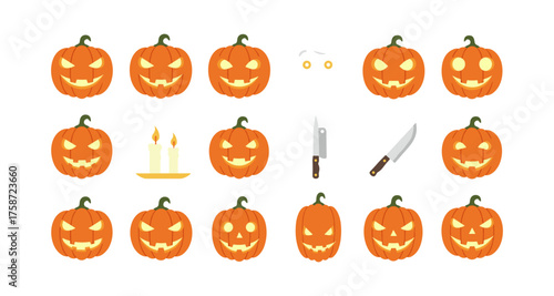 Variety of carved pumpkins and knives for halloween festivities