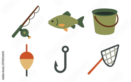 Flat fishing icons set: rod, fish, bucket, float, hook, and net