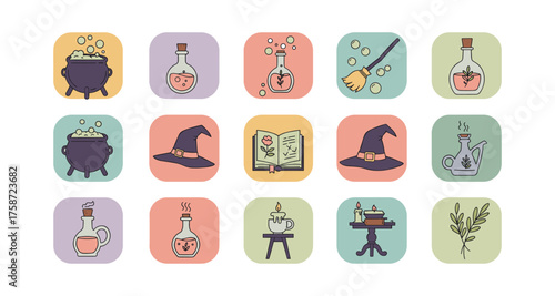 Cute witchcraft icons set: potions, hats, and magic items