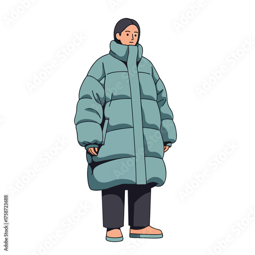 Person in puffer coat standing with a neutral expression, concept of isolation, on a transparent background, without a background  