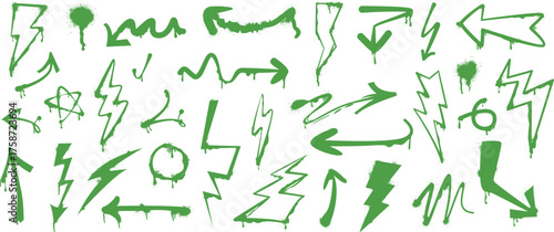 Acid Green Graffiti Spray Paint Elements Set with Neon Arrows, Skull, Star and Lightning Vector Illustration