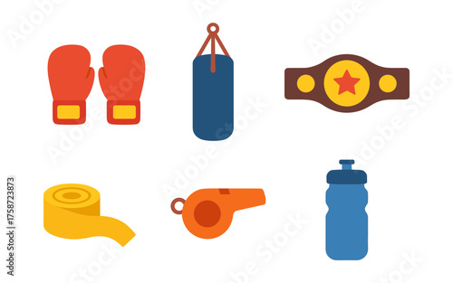 Boxing equipment set: gloves, punching bag, championship belt, and more in flat design