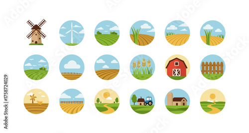 Set of circular farm and agriculture icons in flat style