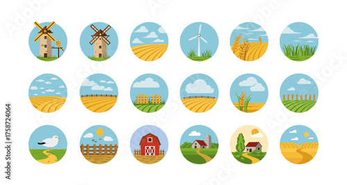 Farm and countryside icons collection: windmills, fields, and rustic scenes