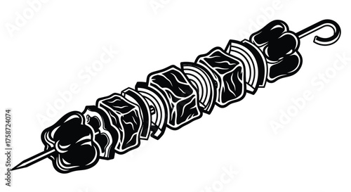 A detailed black and white illustration of a meat and vegetable skewer