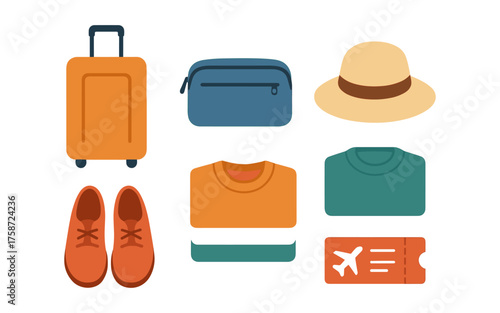 Travel essentials collection with luggage, clothing, and accessories in modern flat design