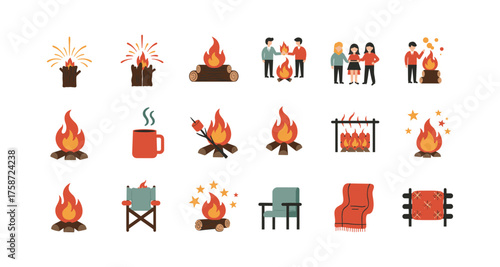 Campfire icons: cozy elements for outdoor adventures and gatherings