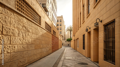 Fototapeta Naklejka Na Ścianę i Meble -  Urban Alley with Warm-Neutral Patterned Walls