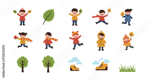 Joyful children playing with autumn leaves in a flat vector design