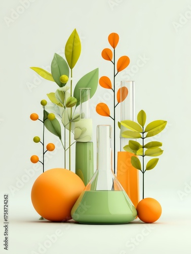 Minimal eco lab composition with green and orange plants, glass flasks, and natural elements. Clean, modern, and eco-friendly design perfect for science, technology, and environmental projects